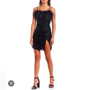 GB Social Feather Neckline Sequin Ruched Side Slit Mini Dress